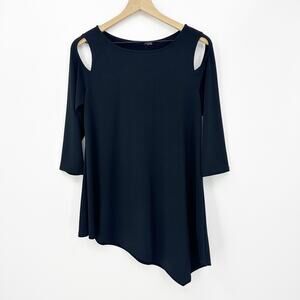 Ariella Blouse M Women's Black Cold Shoulder Asymmetrical Hem Minimalist Elegant